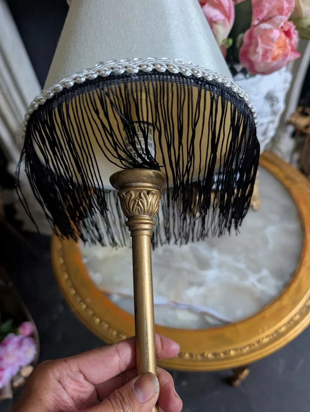 Vintage, Petite, Hollywood Regency Gold Boudoir Footed Table Lamp w/ Black Frin